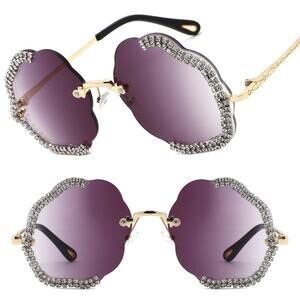 Glamorous Gold Geometric Sunglasses Womens Stylish Scalloped Rimless Rhinestone